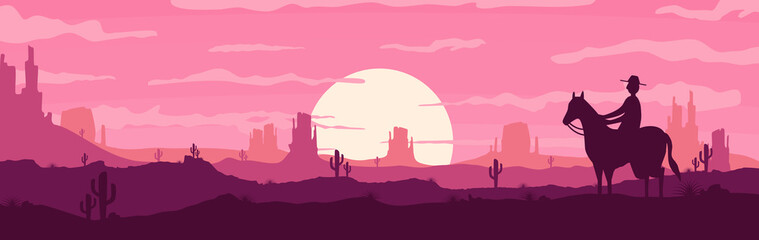 Vector illustration of sunset and twilight desert panoramic view with mountains and cactus - flat cartoon style