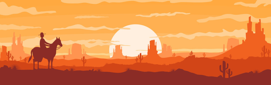 Vector illustration of sunset desert panoramic view with mountain, cowboy and cactus in flat cartoon style.