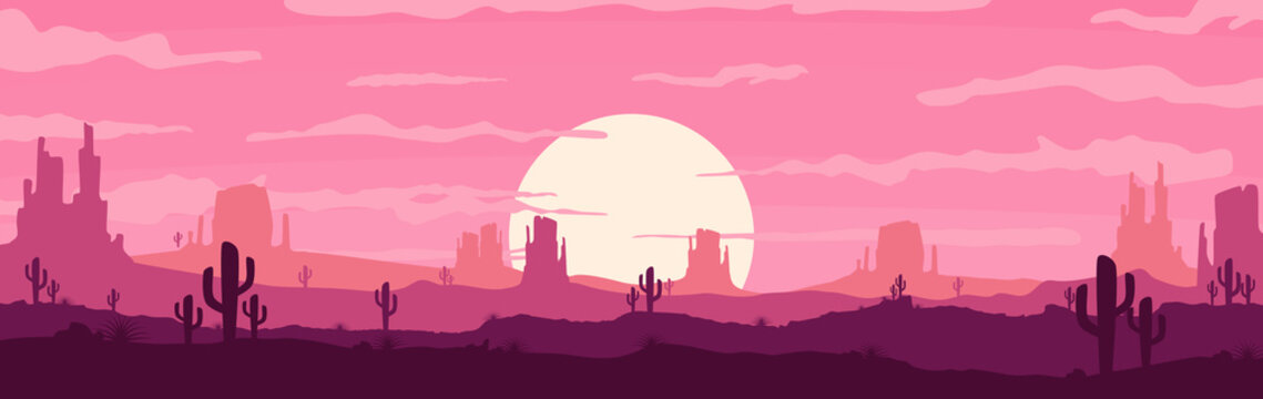 Vector illustration of sunset and twilight desert panoramic view with mountains, cowboy and cactus - flat cartoon style