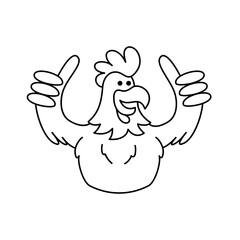 okay strong rooster chicken with thumb up gesture wing hand outline drawing illustration. preschool kids coloring book vector graphic