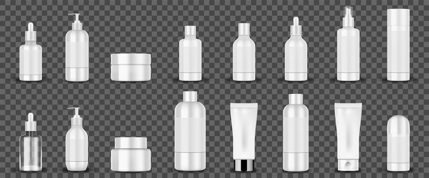 Blank white cosmetic tubes on transparent background. White cosmetic containers hand cream, shampoo, perfume, liquid soap, spray, lotion bottle. Vector