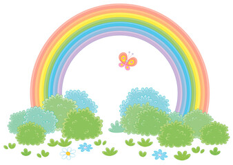 Colorful rainbow and a cheerful butterfly flittering over a green field with flowers and bushes after warm summer rain, vector cartoon illustration on a white background