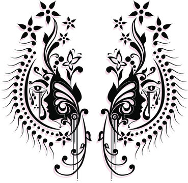 symmetrical ornament with florals, butterflies, and face silhoutte