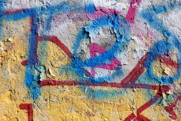 Great colorful background or texture. Abstract concrete aged with cracks, scratches and remnants of old paint in different shades. Landscape style. Rough concrete surface.