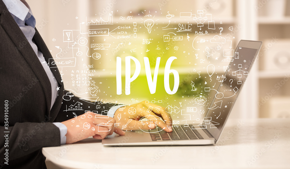 Poster hand working on new modern computer with ipv6 abbreviation, modern technology concept