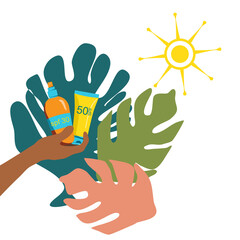 Sunscreen gel and tanning oil in hand with tropical leaves .Prevention of aging and skin cancer for kids and adults.Flat isolated vector illustration of UV sun protection on white background