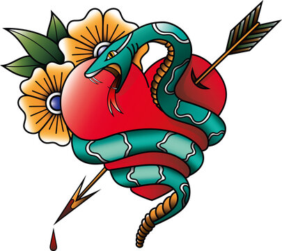Snake, heart and arrow bright tattoo design