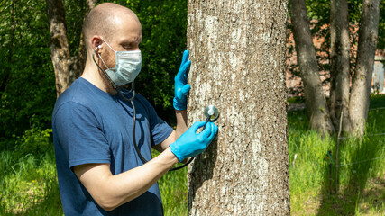 a man in nature with a stethoscope listens to trees