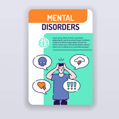 Mental disorders brochure template. Adult man in depressed cover design. Print design with linear illustrations cartoon character on a turquoise background