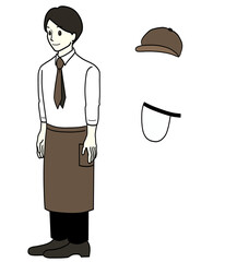 男性店員と帽子・フェイスシールドのセット