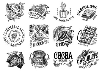 Cocoa Beans and Chocolate. Woman and cup of drink. Vintage badge or logo set for t-shirts, typography, shop or signboards. Hand Drawn engraved sketch. Vector illustration.