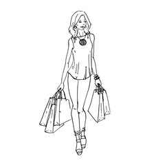hand drawn painted graphic sketch of isolated beautiful young stylish woman with bags do shopping on white background