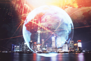 Double exposure of business theme hologram drawing and city veiw background. Concept of success.