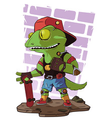 Character lizard teenager skateboarder in a cap and with a player. Illustration