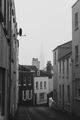 invisible church in street in the old town misty moody foggy day