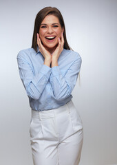 Beautiful laughing woman in white pants and blue shirt.