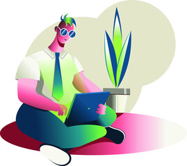 A man in office clothes with a computer, sitting on the floor, next to a flower in a pot. Work at home. Flat drawing style. Vector graphics