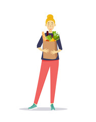 Shopping concept. Happy young adult woman standing and holding paper bag with grocery products