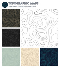 Topographic maps. Authentic isoline patterns, seamless design. Vibrant tileable background. Vector illustration.