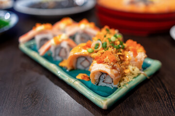 Orange salmon fillets on the plate