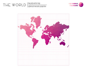 Polygonal world map. Spherical Mercator projection of the world. Red Purple colored polygons. Beautiful vector illustration.