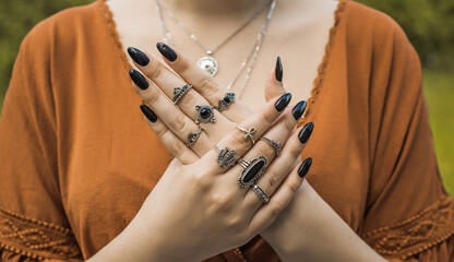 Boho silver rings and other accessorize. Women's Bohemian fashionable details
