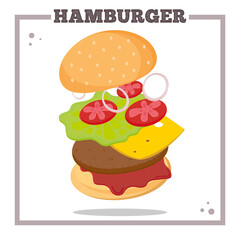 Hamburger in a frame. Classic American burger with Lettuce Tomato Onion Cheese and Meat. Burger in the section. Vector flat  illustration. 