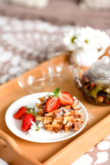 Delicious fresh baked belgian waffles with berries and fruit