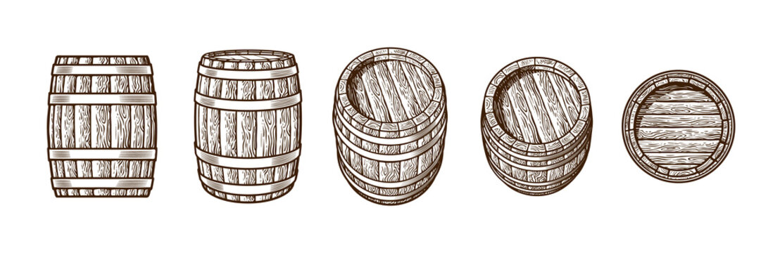 Set of old wooden barrels in different positions. Vintage engraving style. Hand drawn vector illustrations.
