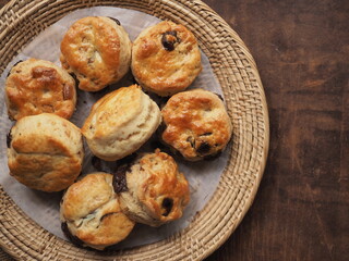 Scones with chocolate chip in basket