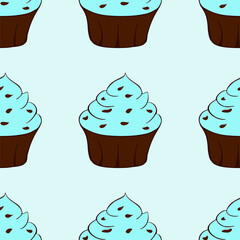 Cupcakes with chocolate sprinkles isolated. Blue background. Sweet Dessert with cream. Seamless pattern.Vector illustration