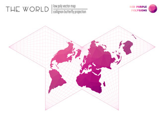 Polygonal world map. Collignon butterfly projection of the world. Red Purple colored polygons. Awesome vector illustration.
