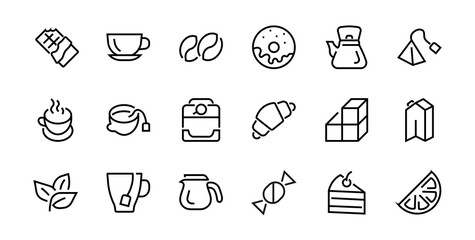 Fototapeta premium COFFEE and TEA LINEAR ICONS SET, contains Icons of tea, tea bag, Coffee machine, cake, sugar, teapot, cup, milk, cream, Lemon, chocolate bar, Editable stroke