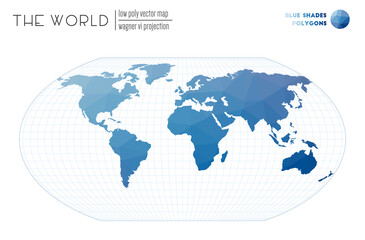 Vector map of the world. Wagner VI projection of the world. Blue Shades colored polygons. Amazing vector illustration.