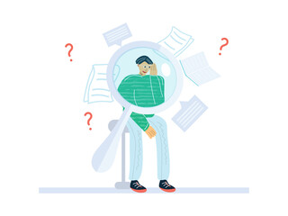 Man with magnifying glass checks the data. Many questions.  Fact-checking concept. Flat vector illustration in cartoon style, Isolated on white background