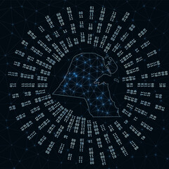 Kuwait digital map. Binary rays radiating around glowing country. Internet connections and data exchange design. Vector illustration.