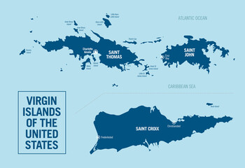 U.S. Virgin Islands of the United States political map. Detailed illustration with isolated islands and cities, easy to ungroup. Vector illustration.