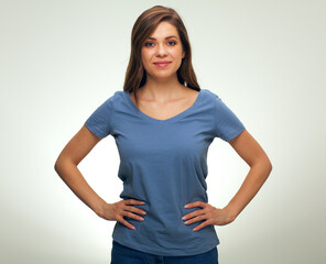 Young woman wearing blue t-shirt.