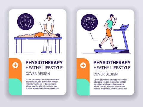 Physiotherapy web banner brochures template. Doctor massages patient and cardio workout. Print design with linear illustrations cartoon character on turquoise background.