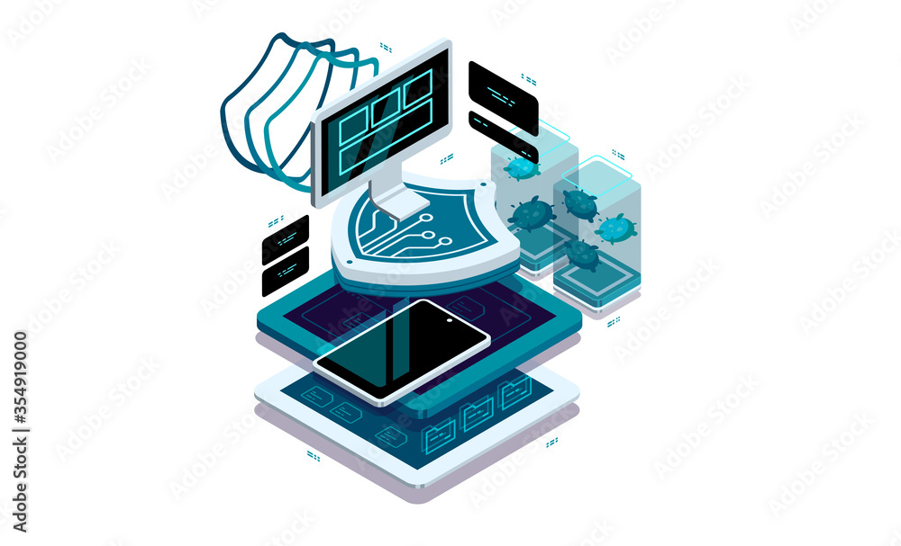 Fototapete Data protection on the PC and smartphone. Data visualization concept. 3d isometric vector illustration.