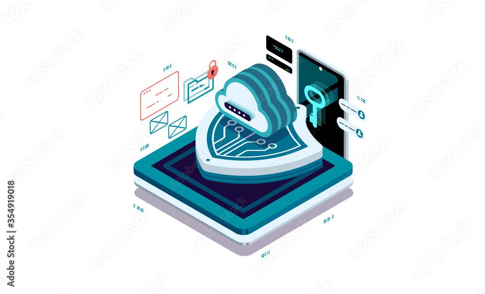 Poster Cloud data protection. Secure access to data in the cloud. Data visualization concept. 3d isometric vector illustration.