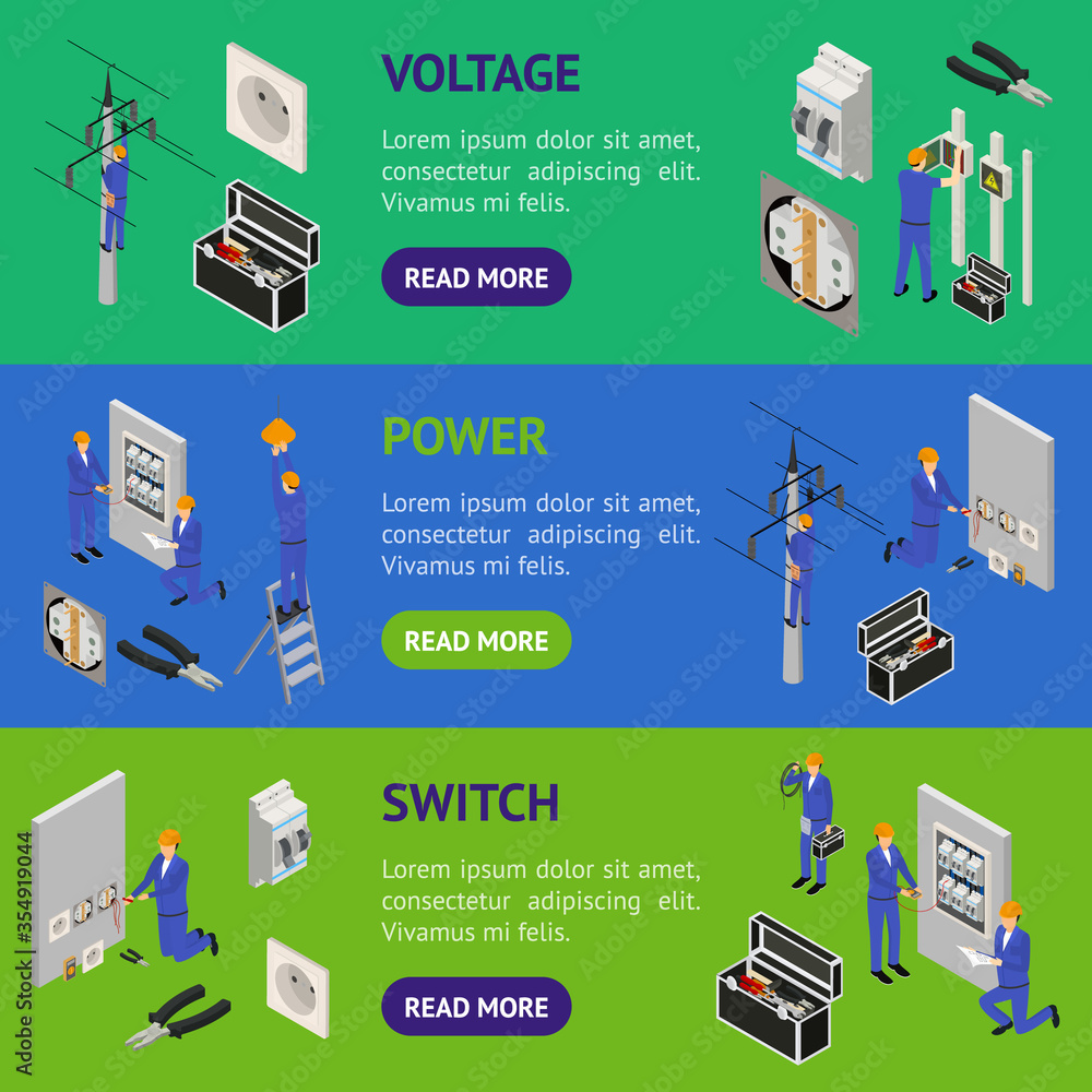 Poster character electrician in uniform concept banner horizontal set 3d isometric view. vector
