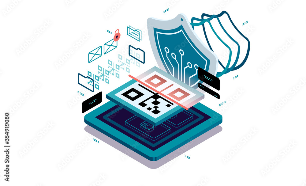 Poster data protection when scanning qr code. safe passage through qr code. data visualization concept. 3d 
