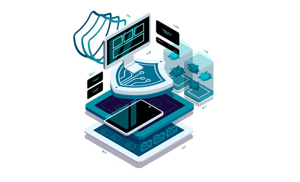 Data protection on the PC and smartphone. Data visualization concept. 3d isometric vector illustration.