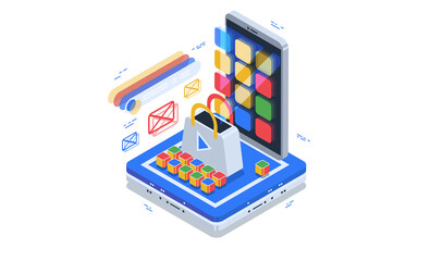 Online shopping. Application for online payment and product delivery order. Data visualization concept. 3d isometric vector illustration.