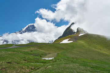 Obraz premium Clouds covering snowy mountains. Swiss Alps landscape with meadow and green nature. Taken in Männlichen, Grindelwald mountains, Bernese Alps, Switzerland.