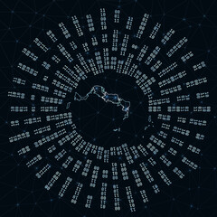Turks and Caicos Islands digital map. Binary rays radiating around glowing island. Internet connections and data exchange design. Vector illustration.