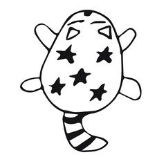 Vector drawing of a cute sleeping cat on its stomach. There are black stars on the cat's back.  Doodle style. Isolated on a white background.