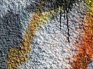 Hooligan smeared paint the walls of the old building. Landscape style. Grungy concrete surface with cracks, scratches and streaks of paint. Great background or texture.