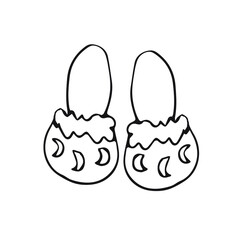 Drawing of cute home Slippers decorated with a Crescent moon. Drawing in the style of doodles. Isolated on a white background.